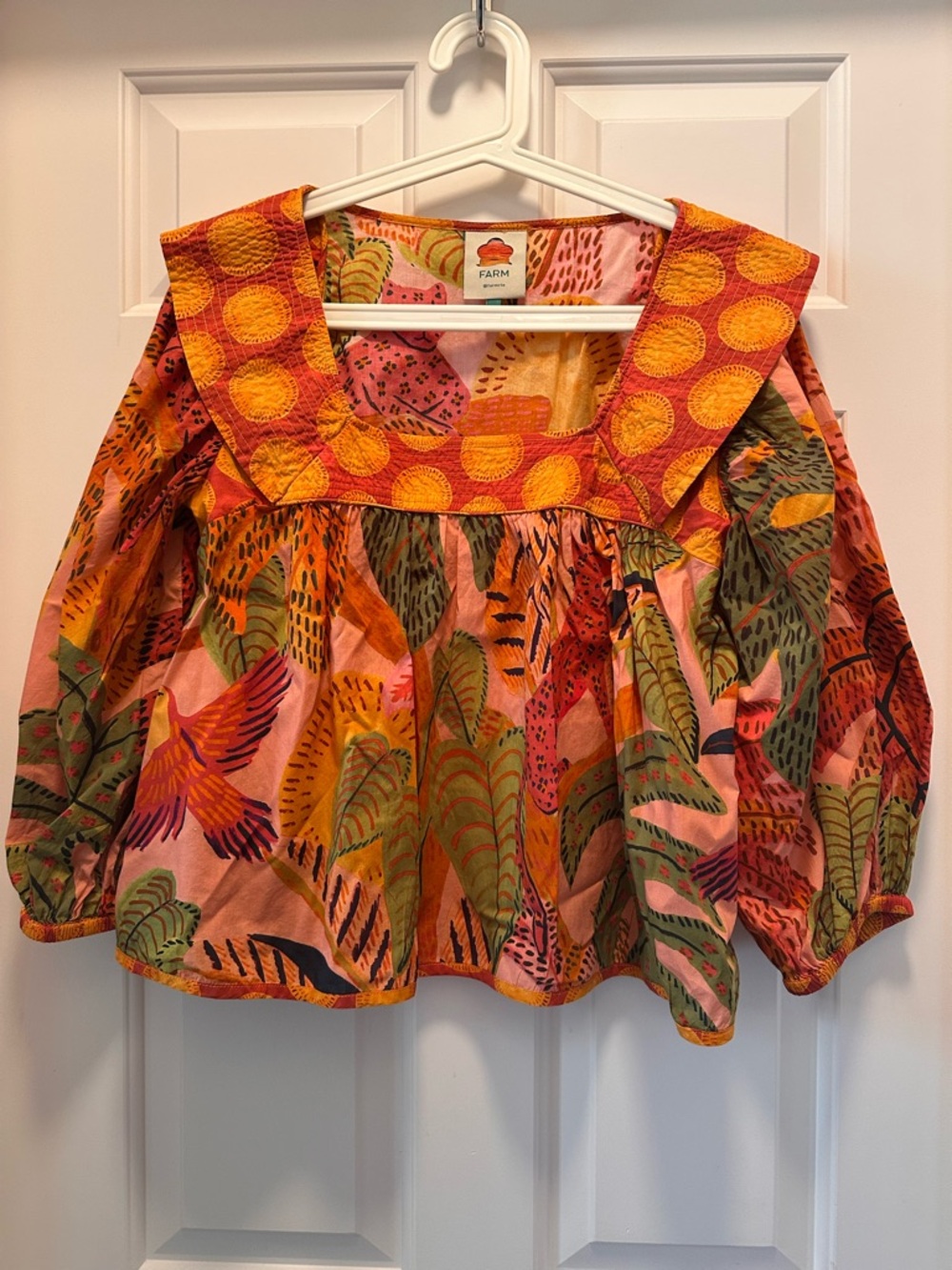 FARM Rio Bold Tropical Balloon-Sleeve Peasant Top - Pink, Orange & Green